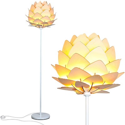 Brightech Artichoke Multi Panel Wooden Shade Design Unique 68 Inch Tall Free Standing Pole LED Floor Lamp, Silver