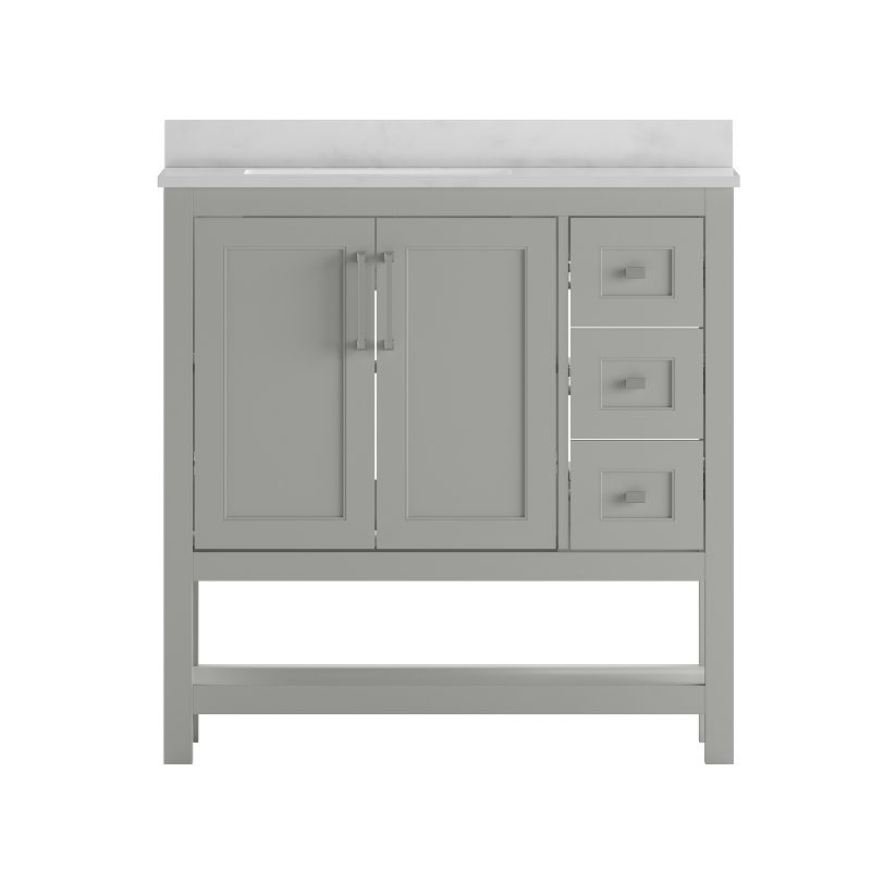 Merrick Lane Bathroom Vanity with Ceramic Sink, Carrara Marble Finish Countertop, Storage Cabinet with Soft Close Doors, Open Shelf and 3 Drawers, 3 of 13