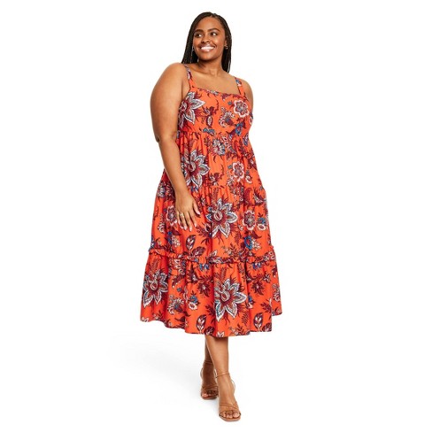 Women's Large Leafy Floral Print Tiered Midi Dress - Rhode X Target Dark  Orange/blue Xxl : Target