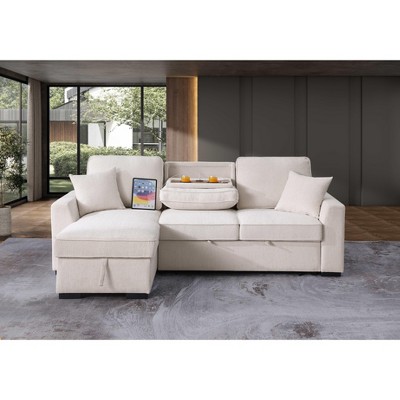 Hybition Reversible Sleeper Sofa with Pull Out Bed,L Shaped Convertible Chenille Couch with Storage Chaise & USB Charging for Living Room Apartment