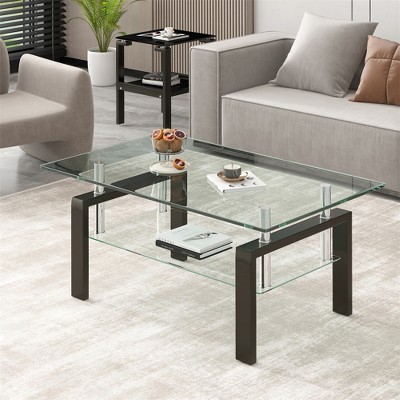 Rectangle Glass Coffee Table, Modern Side Coffee Table For Living Room, 2-Tier Tea Table With Tempered Glass Tabletop, Lower Shelf For Living Room