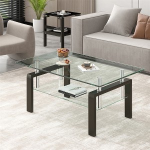 Rectangle Glass Coffee Table, Modern Side Coffee Table For Living Room, 2-Tier Tea Table With Tempered Glass Tabletop, Lower Shelf For Living Room - 1 of 4