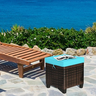 Turquoise Cushioned Rattan Patio Ottoman Set with Steel Frame