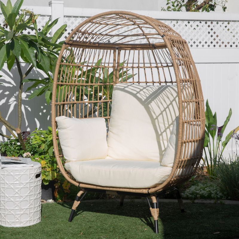 Barton Oversized Wicker Egg Chair Indoor/Outdoor Patio Lounger With Seat Cushion, Beige/White, 2 of 9