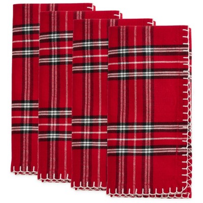 Red Plaid Cotton Dinner Napkins with Whipstitch, Set of 4
