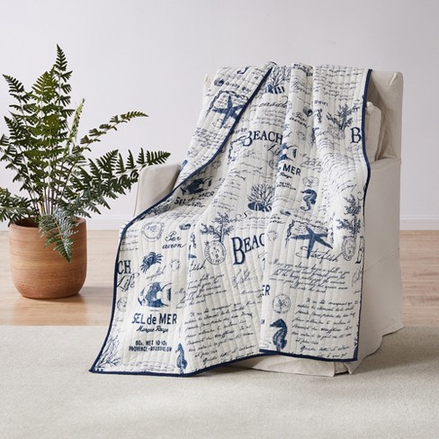 50x60in Levtex Zuma Beach Quilted Throw Blue and White Reversible Pattern - Coastal Cotton Fabric