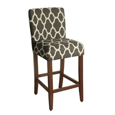 29" Wooden Counter Height Barstool with Quatrefoil Pattern Fabric Upholstery Gray/White - Benzara