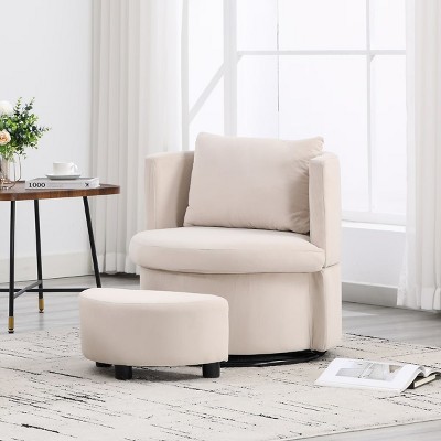 Modern Accent Chair, Round Manual Recliner Chair Sofa, 360-Degree Swivel Chair with Ottoman, Beige Swivel Chair with Storage Seatbase-Coolbibila
