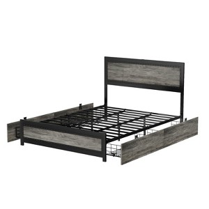 COZONY Platform Bed with 4 Storage Drawers, Charging Station Riveted Headboard No Box Spring - 1 of 4