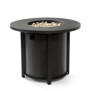Gulches 32" Round Propane Gas Fire Pit Table - 50,000 BTU Steel Fire Pit with Lid, Volcanic Stones & Regulator, Imitation Wicker Design - 1 of 4