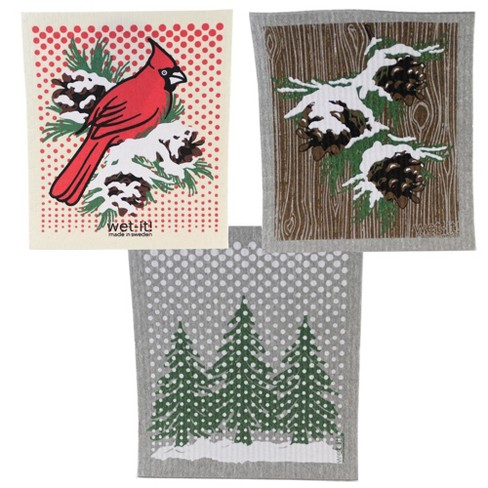 Swedish Dish Cloth Winter Cardinal Country Pine Eco Friendly W1046*w1048*w439, Size: 7.75 in H x 6.75 in W x .125 in D