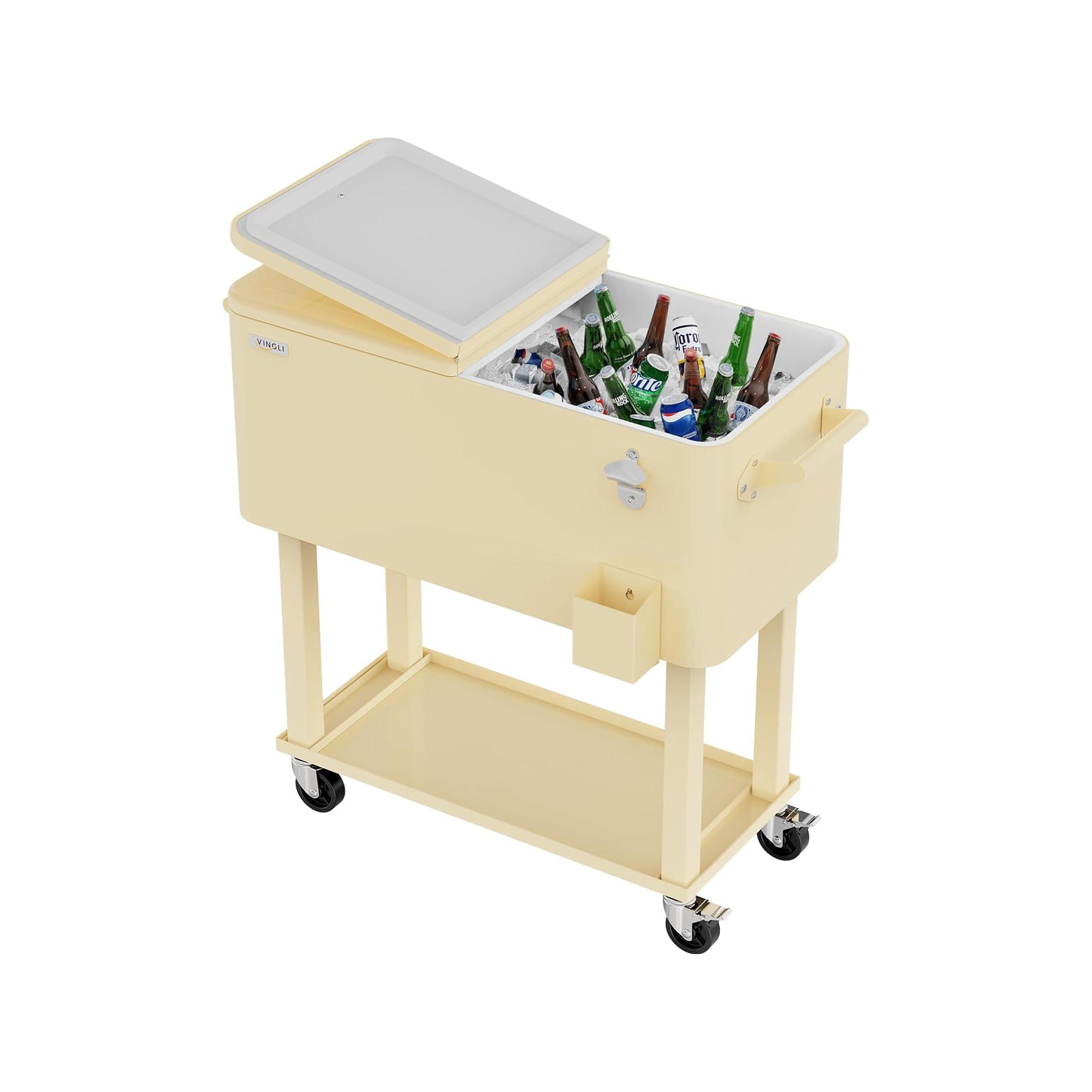 VINGLI 80 Quart Rolling Ice Chest, Portable Patio Party Bar Drink Cooler Cart, with Shelf, Beverage Pool with Bottle Opener