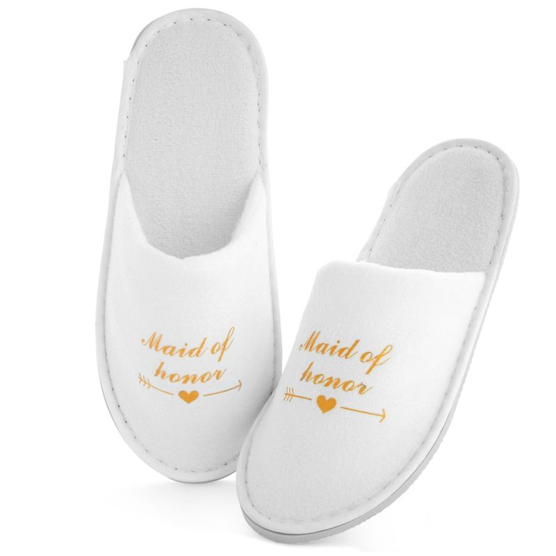 Sparkle and Bash 5 Pairs Bridesmaids Wedding Spa Slippers for Bride to Be, Bridesmaid, Bridal Shower, Party Gifts, White & Gold, 5 of 9