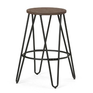 Industrial Metal and Wood Counter Stool with Round Wood Seat, Hairpin Legs, and Footrest for Kitchen, Bar, or Condo - 1 of 4