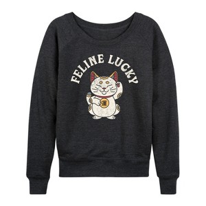 Women's - Instant Message - Feline Lucky Lightweight French Terry Wide Neck Long Sleeve Graphic Shirt - 1 of 4