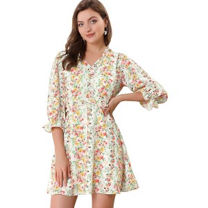 Allegra K Women's Ruffle Elastic Waist Puff Sleeve A-Line Floral Dress - 1 of 4