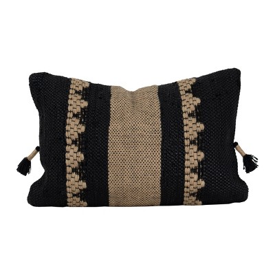 Black Striped Hand Woven 14x22" Faux Leather and Jute Decorative Throw Pillow with Hand Tied Tassels - Foreside Home & Garden