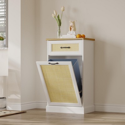 Modern White Rattan Tilt-Out Trash Cabinet, Large, Kitchen, Hidden Trash Can Storage with Drawer