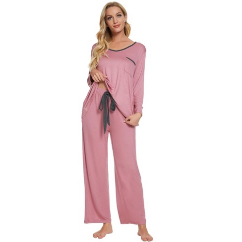 Cheibear Womens Pajama Set Soft Modal Contrast Color Long Sleeve Shirt And Pants  Sleepwear 2pcs Pink Small : Target