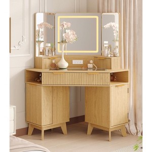 Fluted Vanity Desk, Corner Makeup Vanity with3 Way Mirror and Light, 48" Dressing Table with Glass Top, 3 Drawers, 2 Cabinets - 1 of 4