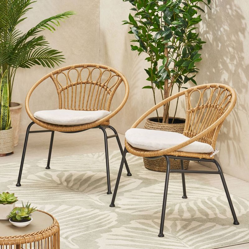 Banya 2pc Patio Wicker Chair with Cushions - Light Brown/Beige/Black - Christopher Knight Home, 3 of 9