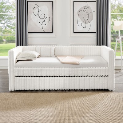 TiramisuBest Twin Upholstered Daybed with Trundle, Convertible Sofa Bed with Armrests, Striped Corduroy Fabric, Space-Saving Guest Bed, Beige