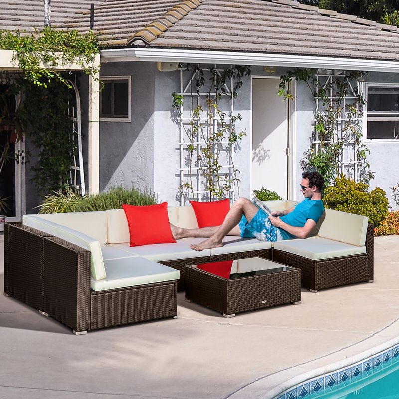 Outsunny 7 Piece Outdoor Patio Furniture Set, PE Rattan Wicker Sectional Sofa Set with Couch Cushions, Pillows, Coffee Table, Orange, Cream, 3 of 7