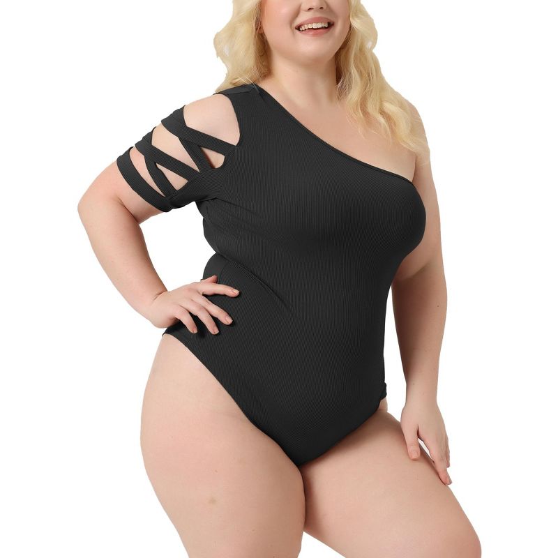 Agnes Orinda Women's Plus Size Summer One Shoulder Hollow Out Bodycon Romper Bodysuit, 2 of 6
