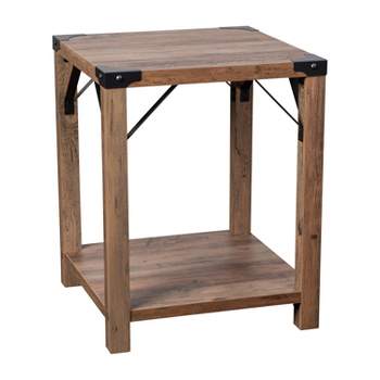 Flash Furniture Wyatt Modern Farmhouse Wooden 2 Tier End Table with Metal Corner Accents and Cross Bracing