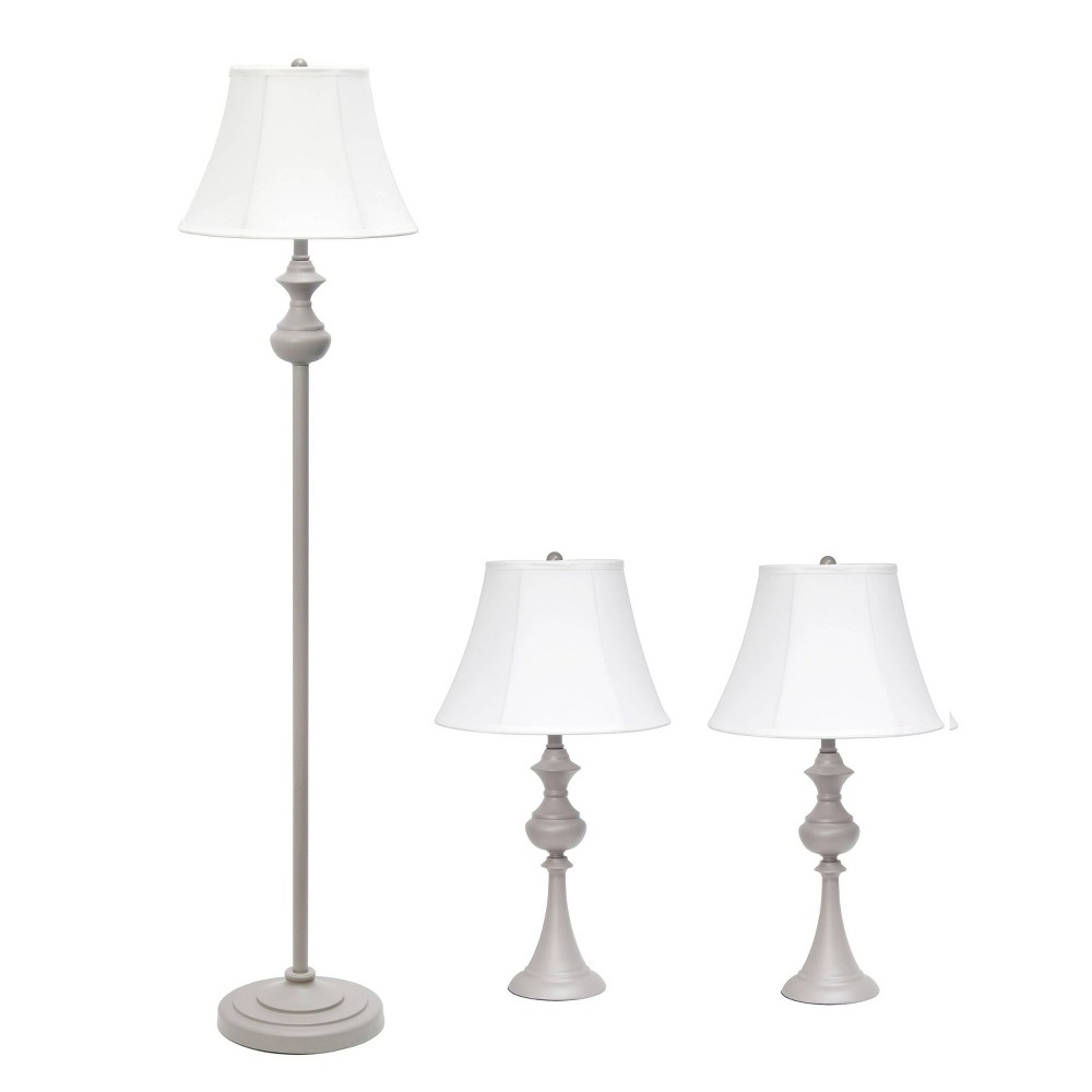 3pk Traditionally Crafted Lamp Set (2 Table Lamps and 1 Floor Lamp) with Shades Gray - Elegant Designs: UL Listed, Cotton Shades, Metal Body