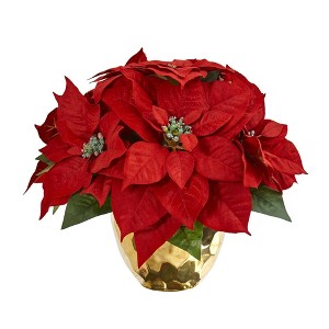 Nearly Natural 11-in Poinsettia Artificial Arrangement in Golden Vase - 1 of 2