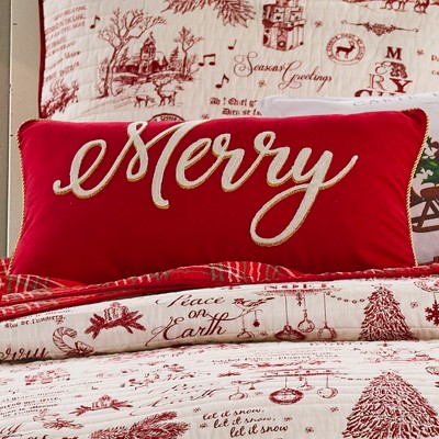Red and Gold Embroidered Merry Holiday Pillow 12x24