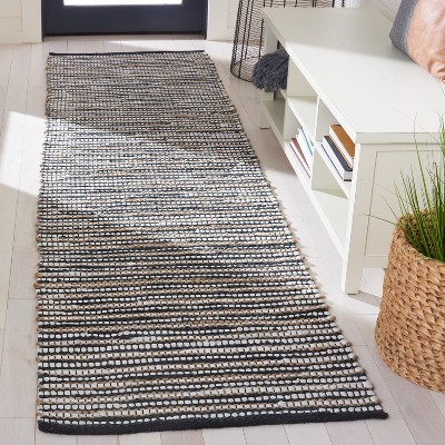 Handmade Black Wool and Cowhide Flat Woven Rug