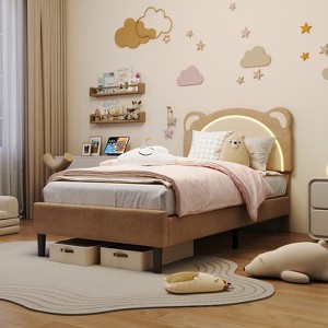 Full Size Bed Frame for Kids, Upholstered Platform Bed Frame with Adjustable Headboard & Led Light, No Box Spring Needed, for Kids' Room Nursery - 1 of 4
