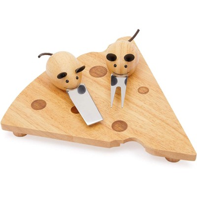 Okuna Outpost 3 Pieces Set Wooden Cheese Board and Cute Mouse Knife