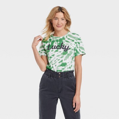 Women's St. Patrick's Day Lucky Short Sleeve Graphic T-Shirt - Green Tie-Dye