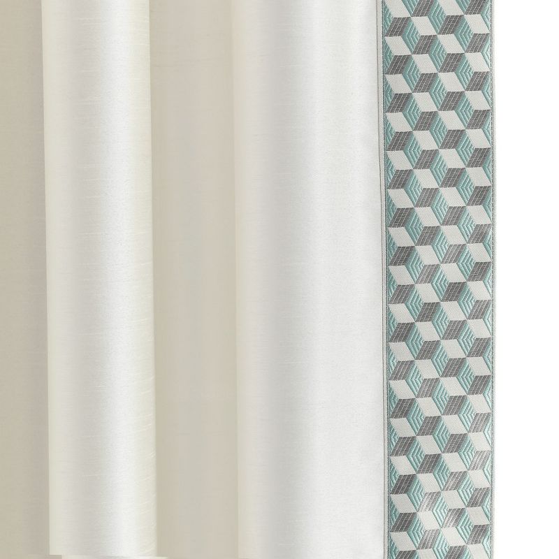 Luxury Mid Century Geo Faux Silk Jacquard Border Window Curtain Panel Ivory/Blue Single 52X84, 3 of 6