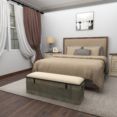 Gray Galvanized Metal Storage Bench with Beige Upholstered Seat