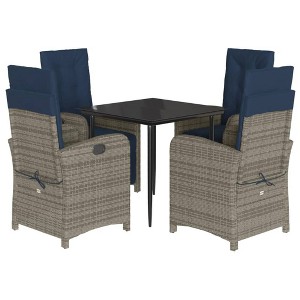 vidaXL 5-Piece Patio Dining Set - Gray Poly Rattan with Navy Cushions, Adjustable Reclining Chairs, Tempered Glass Table - 1 of 4