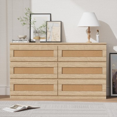 Wood Rattan 6 Drawer Dresser with Charging Station and Strong Base, Storage Organizer for Living Room, Hallway