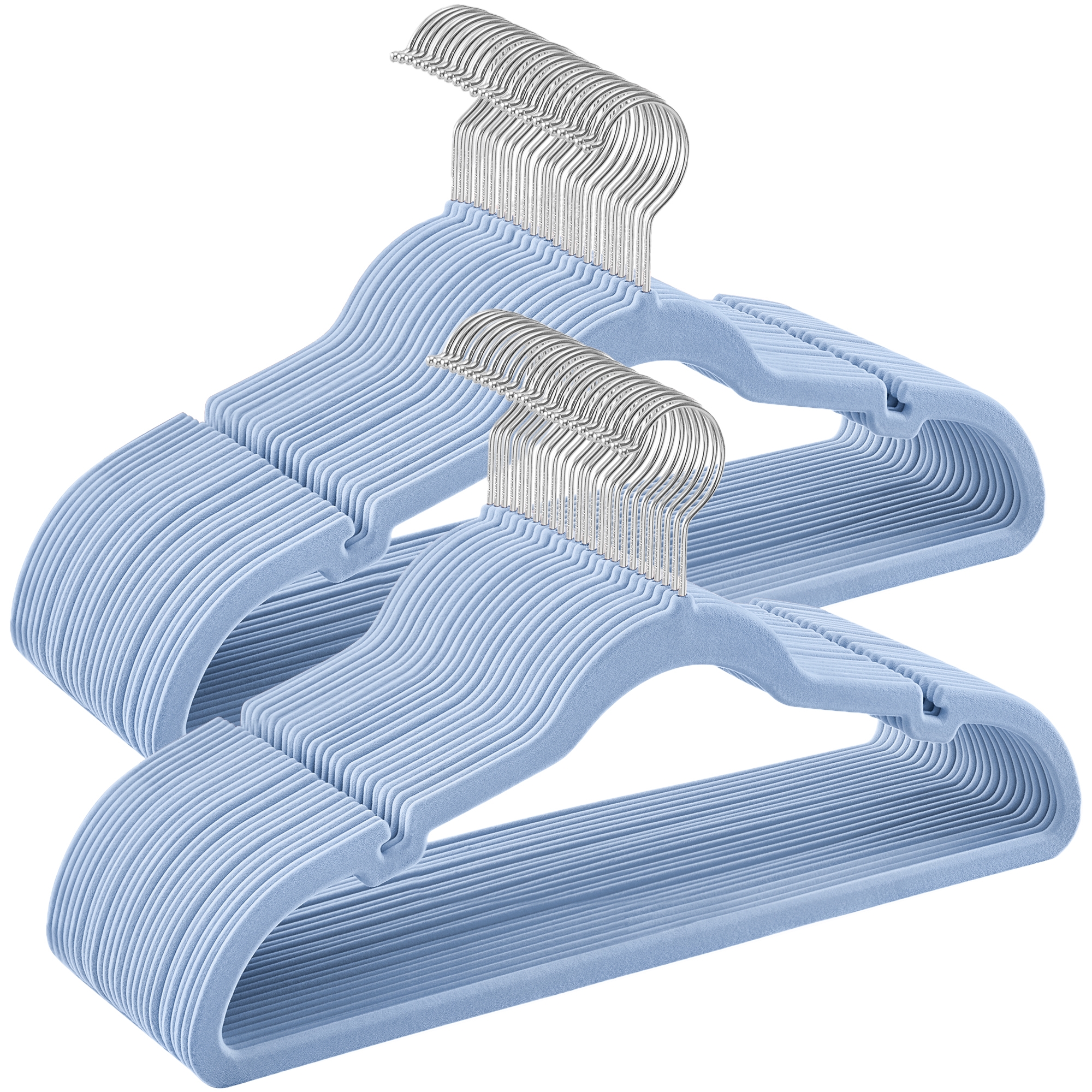50-Pack Velvet Non-Slip Hangers with 360° Swivel Hook, Pants Bar & Shoulder Notches, Space Saving Closet Hangers, Pale Blue