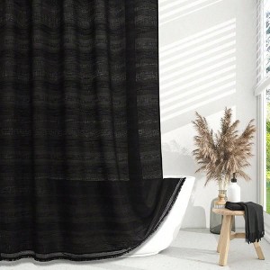 Boho Farmhouse Shower Curtain Set with Tassel Linen Black Striped Textured Bathroom Modern Chic 72x72 - 1 of 4