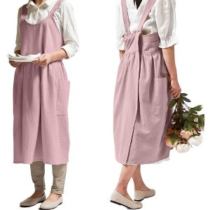 Women's Cotton Linen Cross Back Apron with Pockets - Turquoise with Waist Ties, for Gardening, Cleaning, and Cooking - 1 of 4