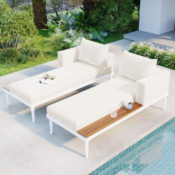 Metal Outdoor Patio Daybed with Wood Topped Side Spaces for Drinks, 2 in 1 Padded Chaise Lounges for Poolside - Maison Boucle