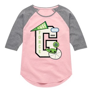 Girls' - The Mandalorian - Grogu Letterman Shirt Tail Raglan Graphic T-shirt - 1 of 3