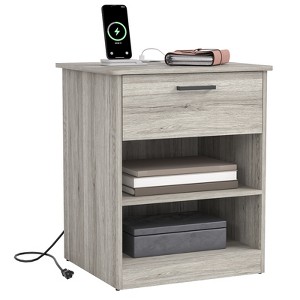 CIPACHO Grey Charging Nightstand – USB-C/AC Ports, 1 Drawer, Modern Wooden Bedside Table - 1 of 4