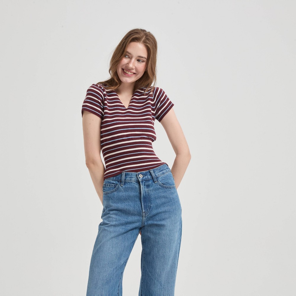 Women's Short Sleeve Hooded Sweater - Wild Fable™ Burgundy Striped XXL