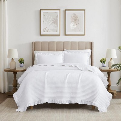 Carla White King Size Polyester Quilt Set with Fringe