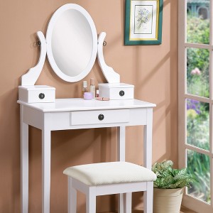 YONWAY Makeup Vanity Table and Stool Set with Adjustable Mirror and Three Storage Drawers for Bedroom,Ideal for Jewelry and Cosmetics Storage - 1 of 4