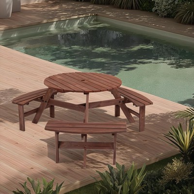 GDFStudio Hart Outdoor 6-Person Wooden Round Picnic Table with 3 Built-in Benches and Umbrella Hole